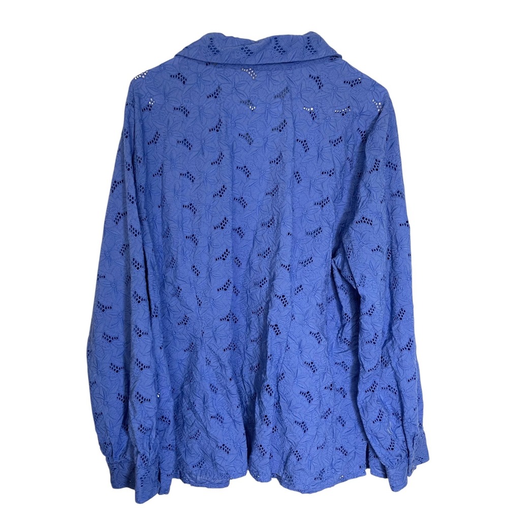 Appleseed's 18W Blue Button Up Blouse Floral Eyelet Long Sleeve Coastal Preppy - Picture 3 of 8